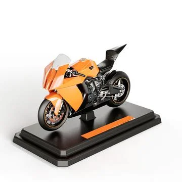 3D render of a modern orange motorcycle parked on a black stand against a white Stock Photos