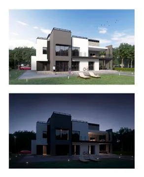3d render of a modern private house at day time and night. Stock Illustration
