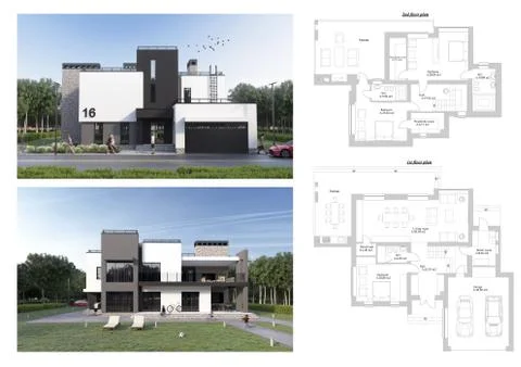 3d render of a modern private house, Floor plan layout Stock Illustration