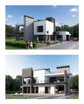 3d render of a modern private house, facade and back yard view Stock Illustration
