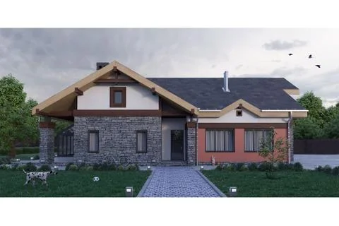3d render of a modern private house stone texture facade with green lawn Stock Illustration