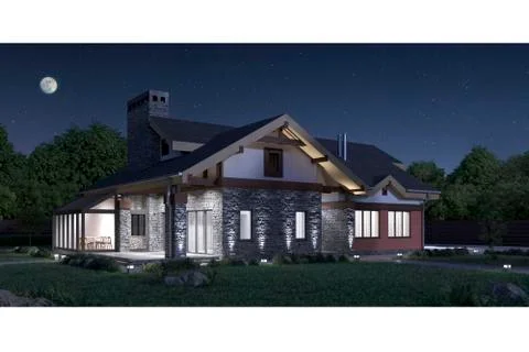 3d render of a modern private house stone texture facade, illuminated night view Stock Illustration