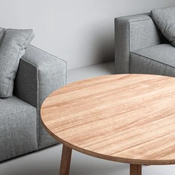 3D Render, Modern Round Wood Coffee Table in Minimalist Living Room Stock Illustration