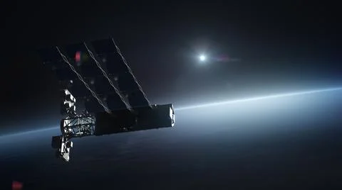 3D Render of modern satellite flying in cosmos Illustrazione stock