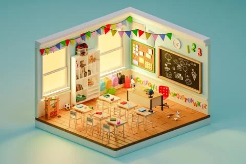 3d render of Modern School Classroom for children. Isometric view Stock Illustration
