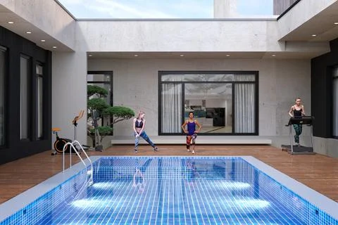 3D Render of Modern Swimming Pool with Fit Women Exercising Stock Illustration