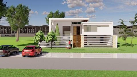 3D render of a modern White House with parked cars and green lawn Fotos de archivo