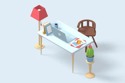 3d render modern workplace icon of laptop, documents and books. Illustrazione stock