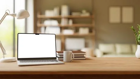 3D render of modern workspace with laptop on wooden desk blank screen for design Foto stock
