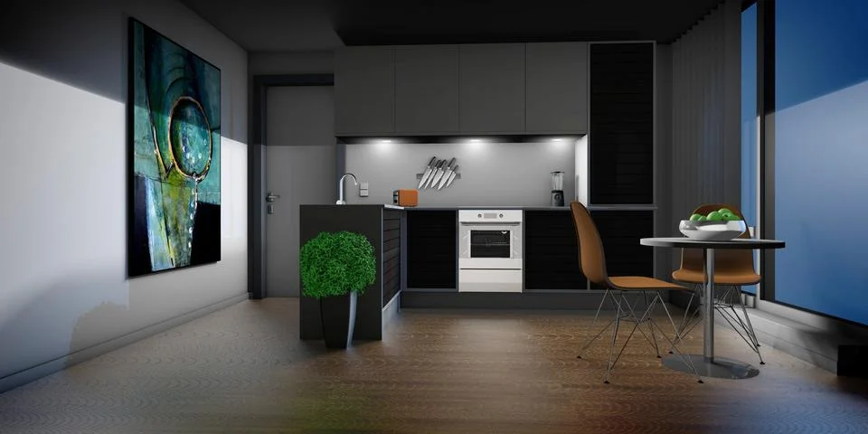 3d render of a modernly designed kitchen with furniture and appliances Stock Illustration