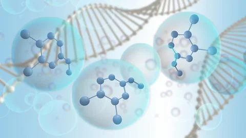 3D render molecule cell in Liquid Bubble with chromosome in Blue background.. Ilustración de archivo
