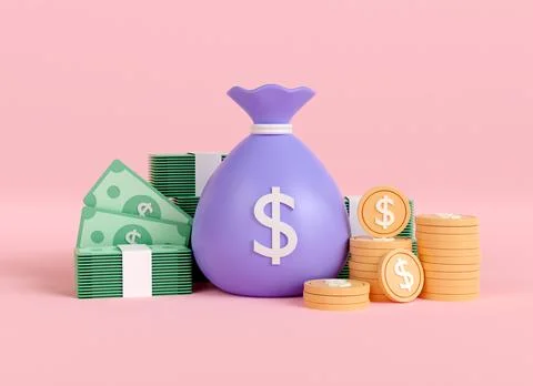 3d render money bag banknote and coin stack Stock Illustration