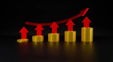 3d render money dollar coin stack with red arrow up with black background Stock Illustration