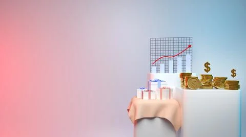 3d Render money Gif box and golden coins and Stock chart. 스톡 일러스트