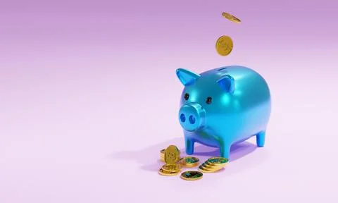 3d render money jar pig blue with money dollar coin stack Illustrazione stock