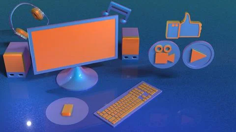 3D Render, Monitors with keyboard, speakers, headset and online icons Stock Illustration