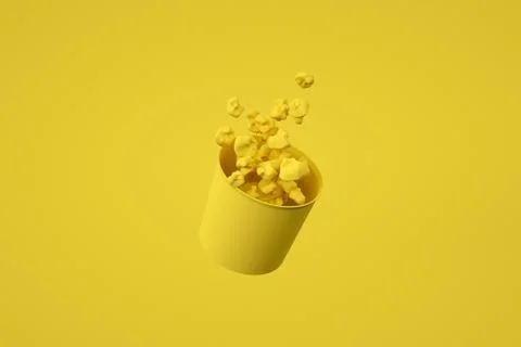 3d render of monochrome yellow popcorn box. Levitation food. Cinema snack Stock Illustration