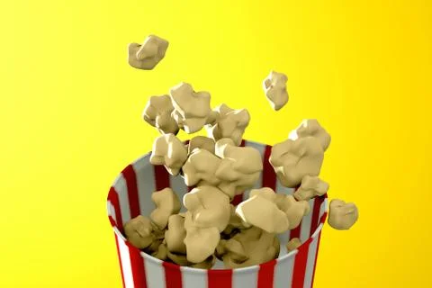 3d render of monochrome yellow popcorn box. Levitation food. Cinema snack Stock Illustration