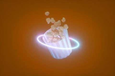 3d render of monochrome yellow popcorn box. Levitation food. Cinema snack Stock Illustration