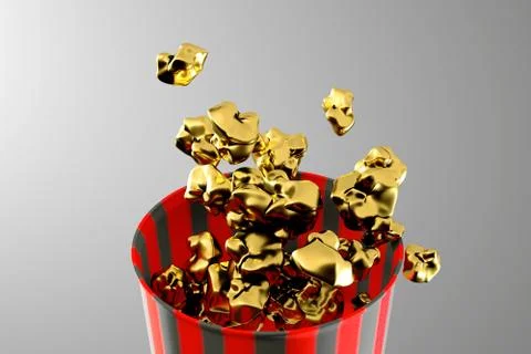 3d render of monochrome yellow popcorn box. Levitation food. Cinema snack Stock Illustration