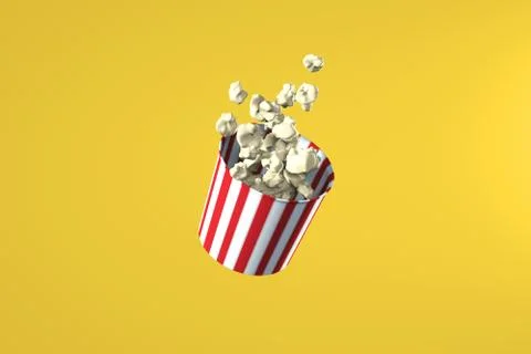 3d render of monochrome yellow popcorn box. Levitation food. Cinema snack Stock Illustration