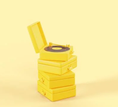 3d render monochrome yellow stack of vintage vinyl record players. Portable Illustrazione stock