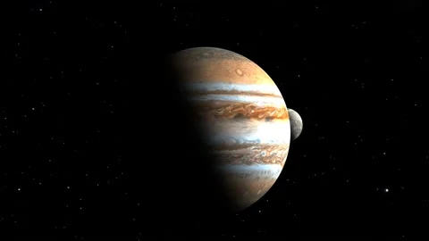 3D Render of moon orbiting Jupiter . Stars. Elements of this image furnished by Video stock 139404586