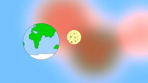 3d render. Moon orbitting around the earth in flat cartoon style over colorful Ilustração Stock