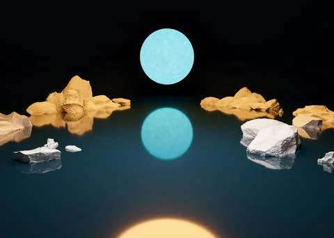 3d render of Moonlit metal product presentation stage on water surface and rocks Stock Illustration