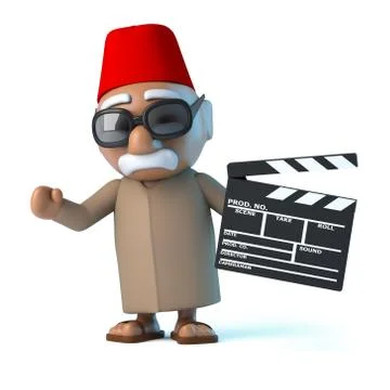 3d render of a Moroccan wearing a fez holding a movie clapperboard. Stockillustratie