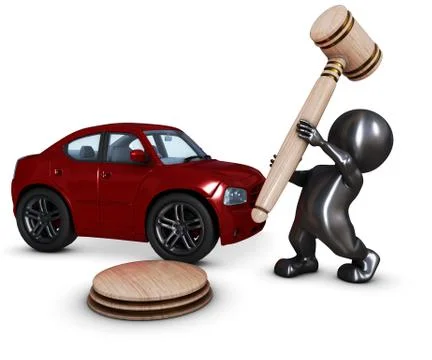 3D Render of Morph Man with car and gavel Illustrazione stock