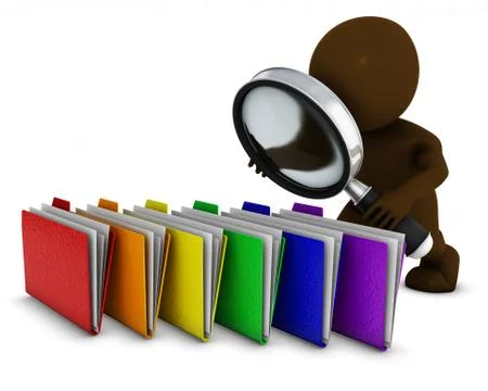 3D Render of Morph Man searching folders with magnifying glass 库存插图