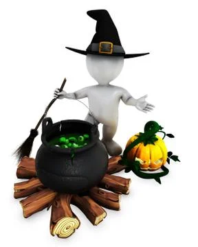3D Render of Morph Man Witch with cauldron Stock Illustration