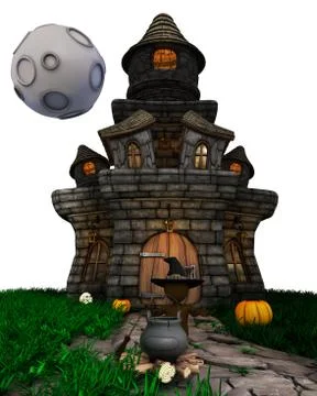 3D Render of Morph Man Witch with haunted house on white background Illustrazione stock