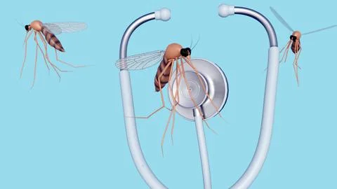 3d render of a mosquito and a stethoscope. Illustrazione stock