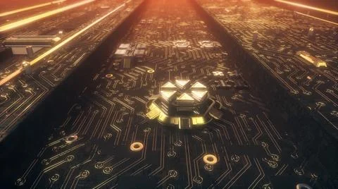 3D render of a motherboard with microchips, transistors and semiconductors Illustrazione stock