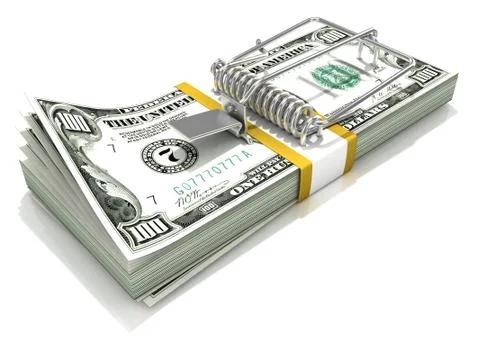 3D render mousetrap installed on dollar banknote stack Stock Illustration