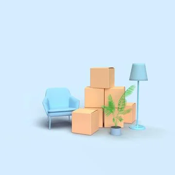 3d render. Moving. Household items packed in cardboard boxes. blue armchair, Stock Photos