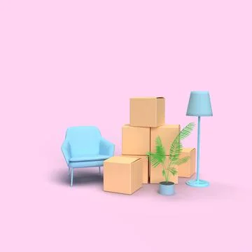 3d render. Moving. Household items packed in cardboard boxes. blue armchair, Stock Photos