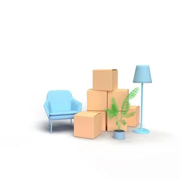 3d render. Moving. Household items packed in cardboard boxes. blue armchair, Stock Photos