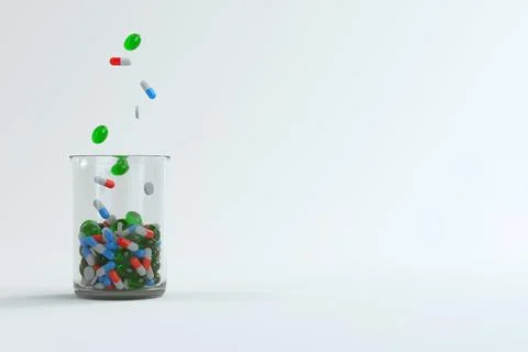 3D render Multi-colored pills fall into a transparent container on a white 库存插图