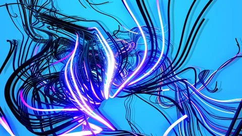 3d render. Multicolor flash of curved lines. Running neon lights like garland or Illustrazione stock