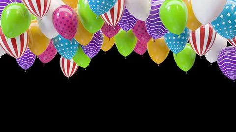 3d render multicolored balloons hitting the ceiling on a black background Stock Illustration