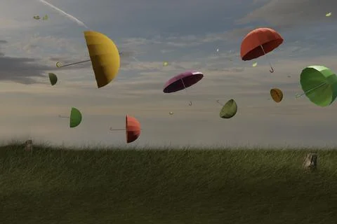3d render of multiple colored umbrellas blowing in the wind Stock Illustration