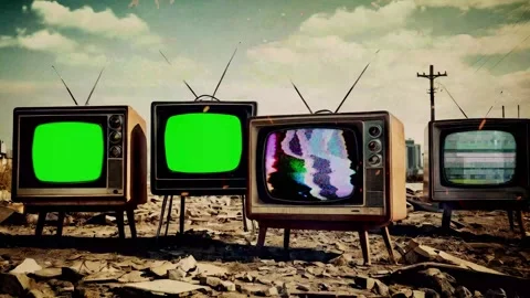 3d render of multiple Retro-vintage analog TV set with Noise, Green Screen Stock Footage 277193831