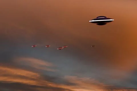 3d render of multiple UFOs soaring out of cloudscape Ilustración de archivo