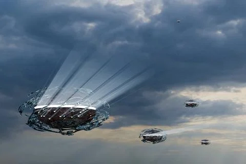 3d render of multiple UFOs soaring through cloudscape Stock Illustration
