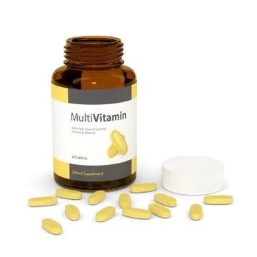 3d render of multivitamin bottle with pills Illustrazione stock