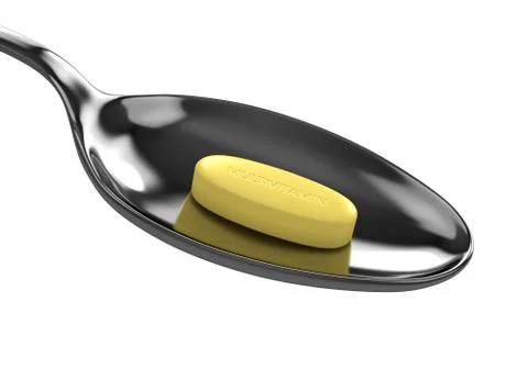 3d render of multivitamin pill on spoon Illustrazione stock