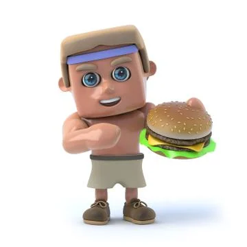 3d render of a muscle man holding a beefburger Stock Illustration